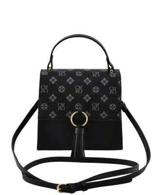 CM Monogram Ring Tassel Flap Crossbody Satchel CM704 BLACK